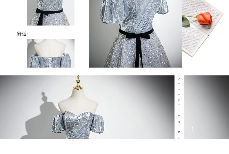 Sleeve A-Line Gown Puff Neck Sequin Bow Sweetheart Evening