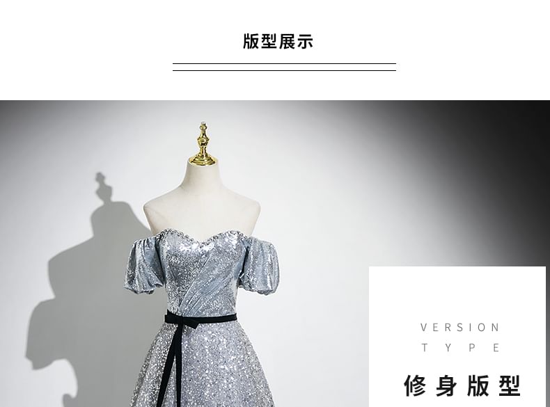 Sleeve A-Line Gown Puff Neck Sequin Bow Sweetheart Evening