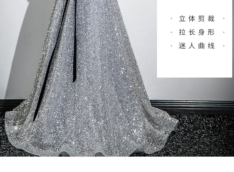 Sleeve A-Line Gown Puff Neck Sequin Bow Sweetheart Evening
