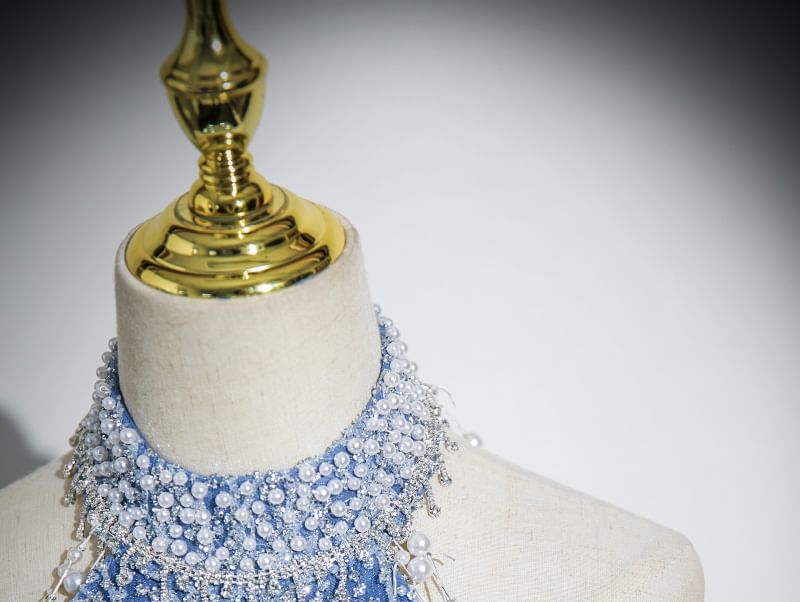 Gown Sleeveless Mock Patterned Beaded Evening A-Line Neck Mesh