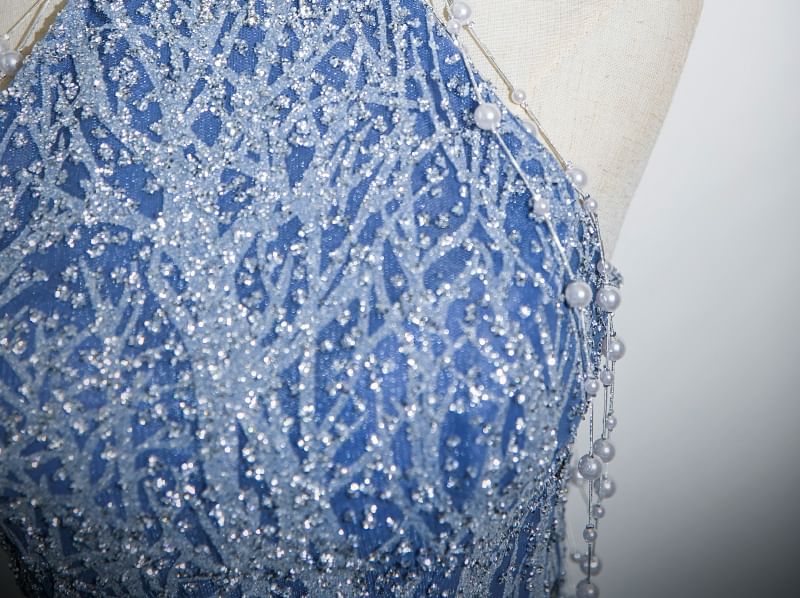 Gown Sleeveless Mock Patterned Beaded Evening A-Line Neck Mesh