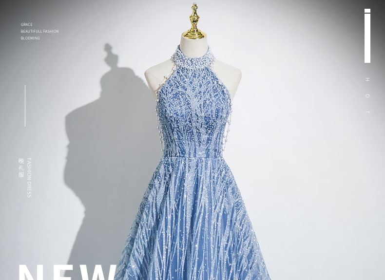 Gown Sleeveless Mock Patterned Beaded Evening A-Line Neck Mesh