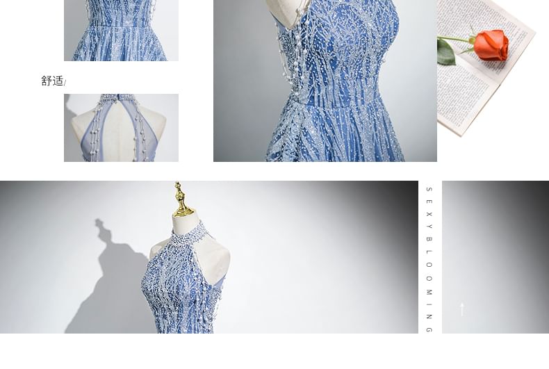 Gown Sleeveless Mock Patterned Beaded Evening A-Line Neck Mesh