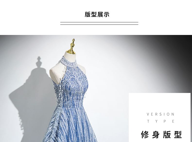 Gown Sleeveless Mock Patterned Beaded Evening A-Line Neck Mesh