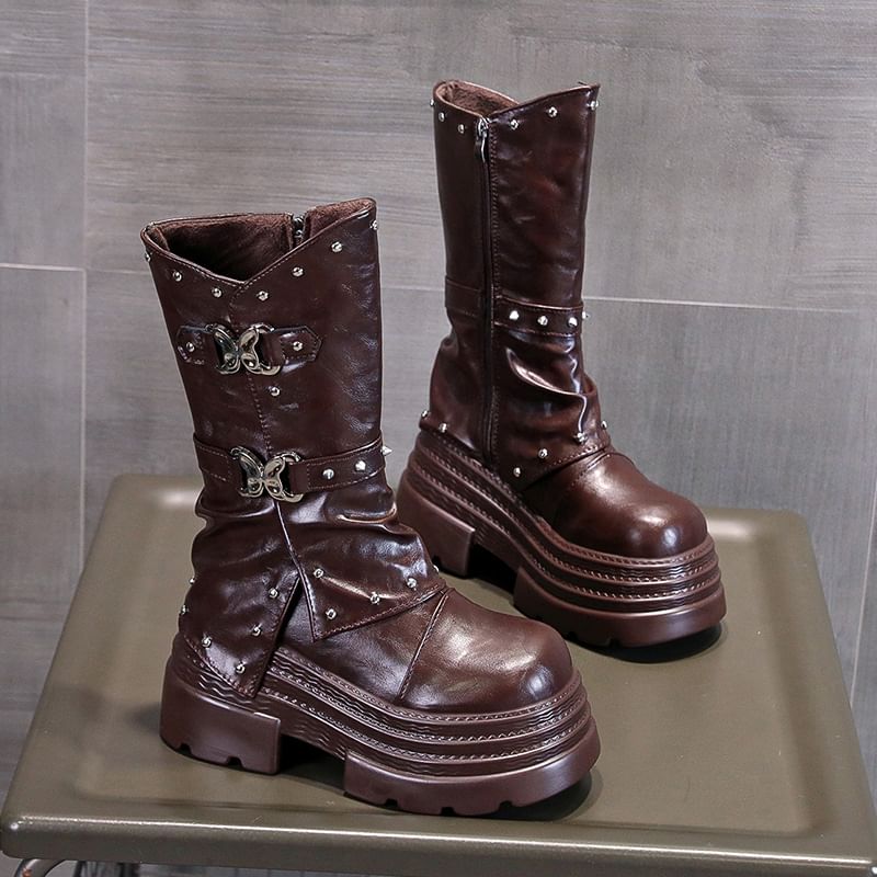 Mid Platform Calf Boots Buckle
