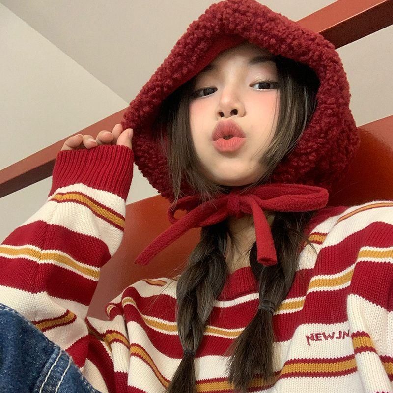 Hat Fleece Cable Tie-Up Beanie / Plain Knit