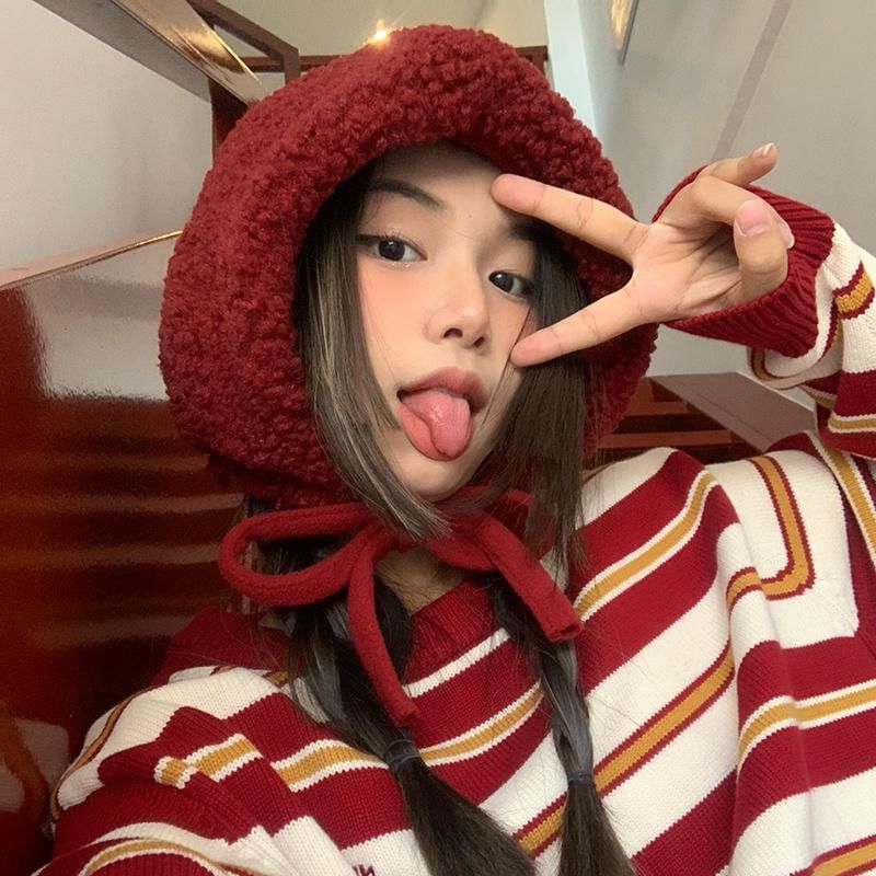 Hat Fleece Cable Tie-Up Beanie / Plain Knit