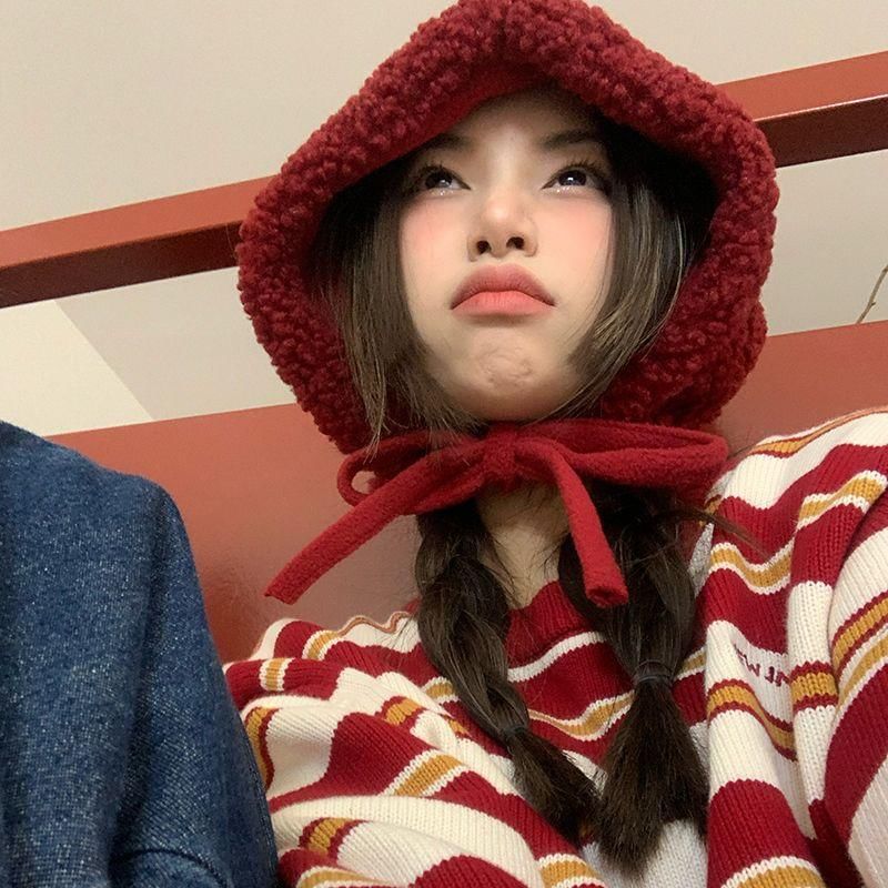 Hat Fleece Cable Tie-Up Beanie / Plain Knit