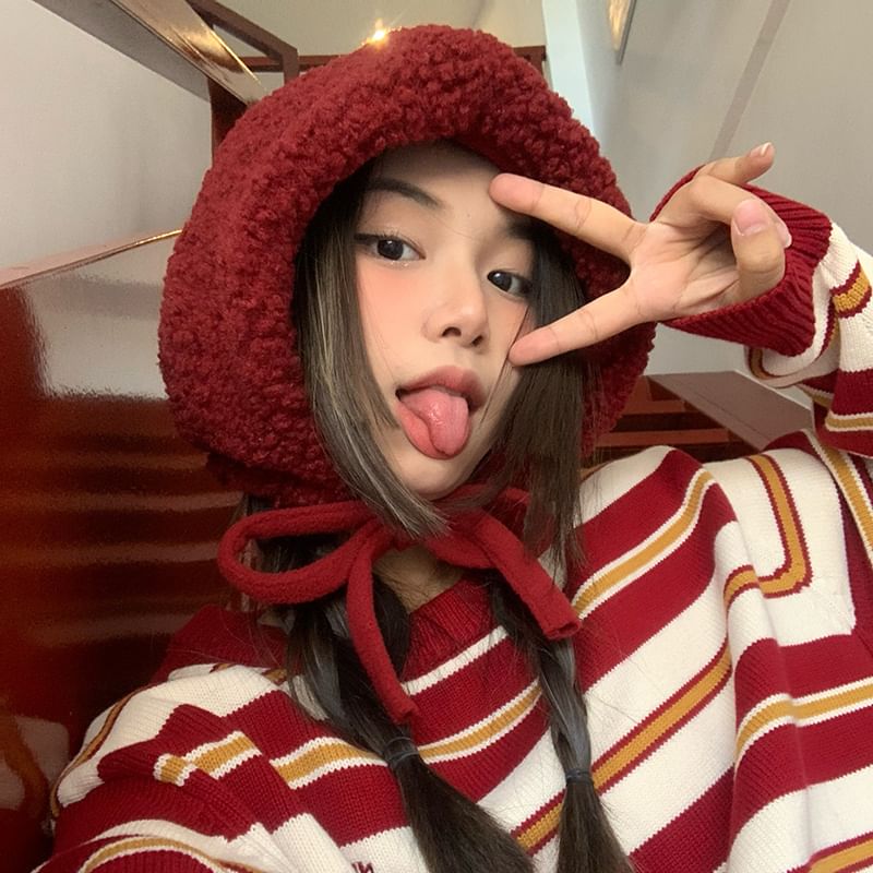 Hat Fleece Cable Tie-Up Beanie / Plain Knit