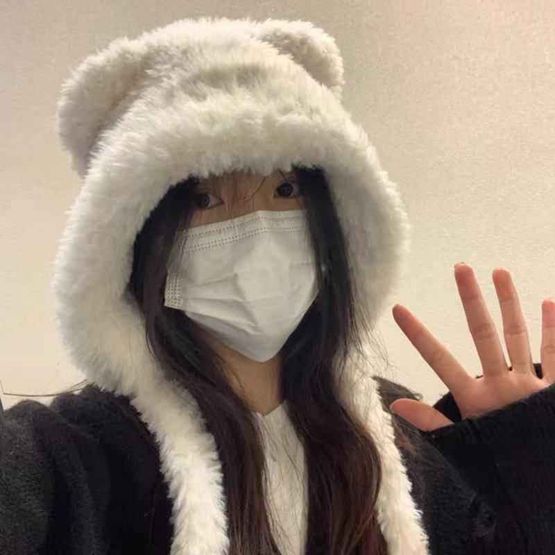 Ear Plain Beanie Ribbed / Fluffy Bear Hat