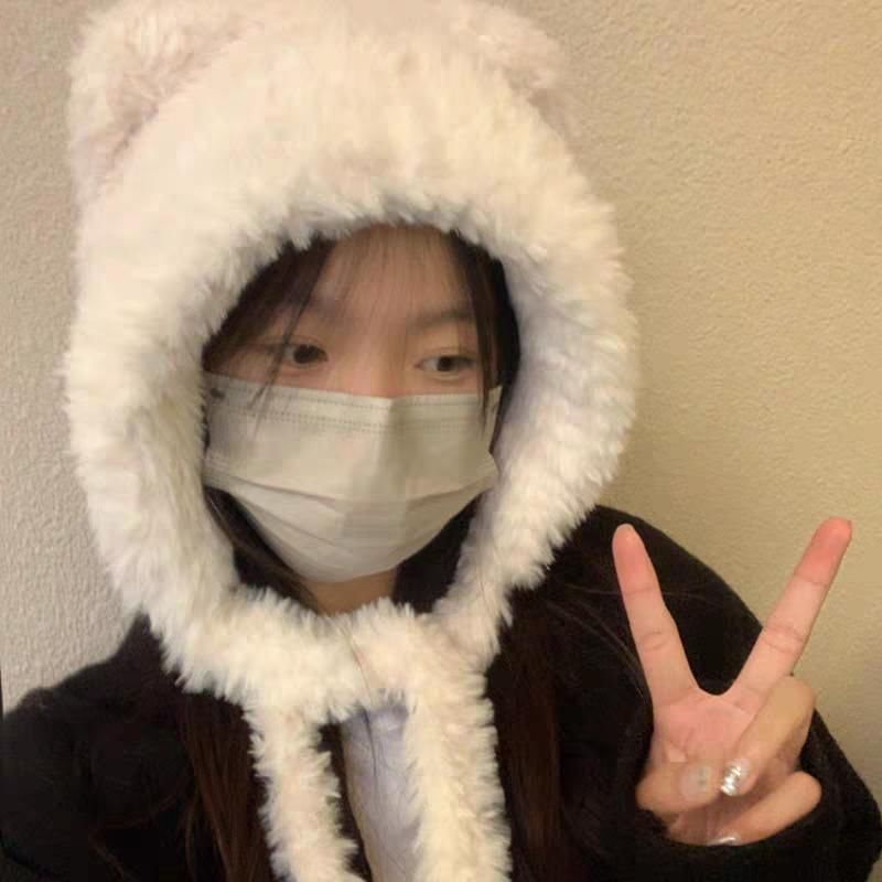 Ear Plain Beanie Ribbed / Fluffy Bear Hat