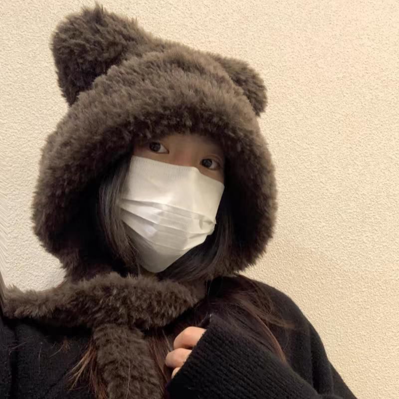 Ear Plain Beanie Ribbed / Fluffy Bear Hat