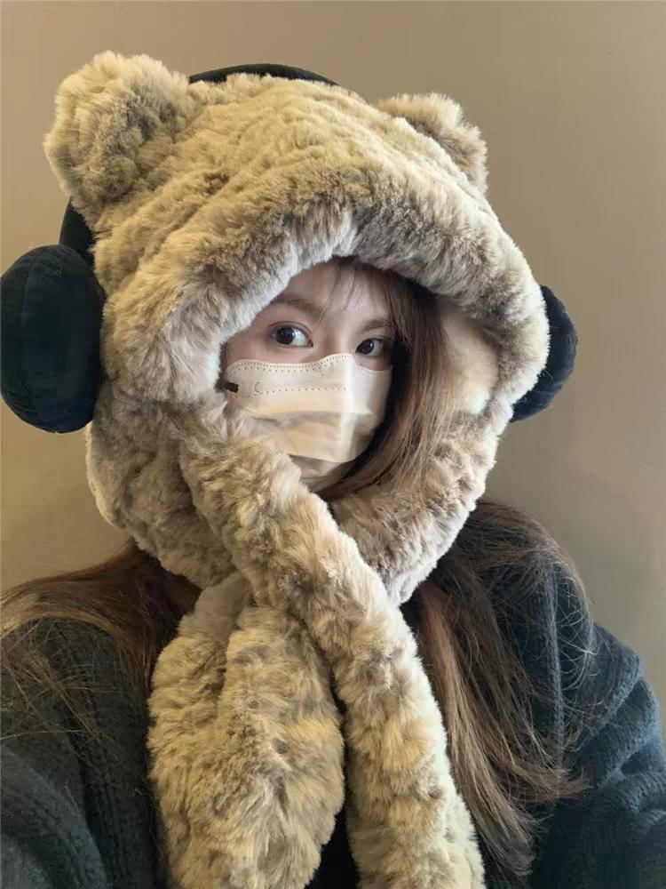 Bear Ribbed / Beanie Ear Fluffy Scarf Hooded