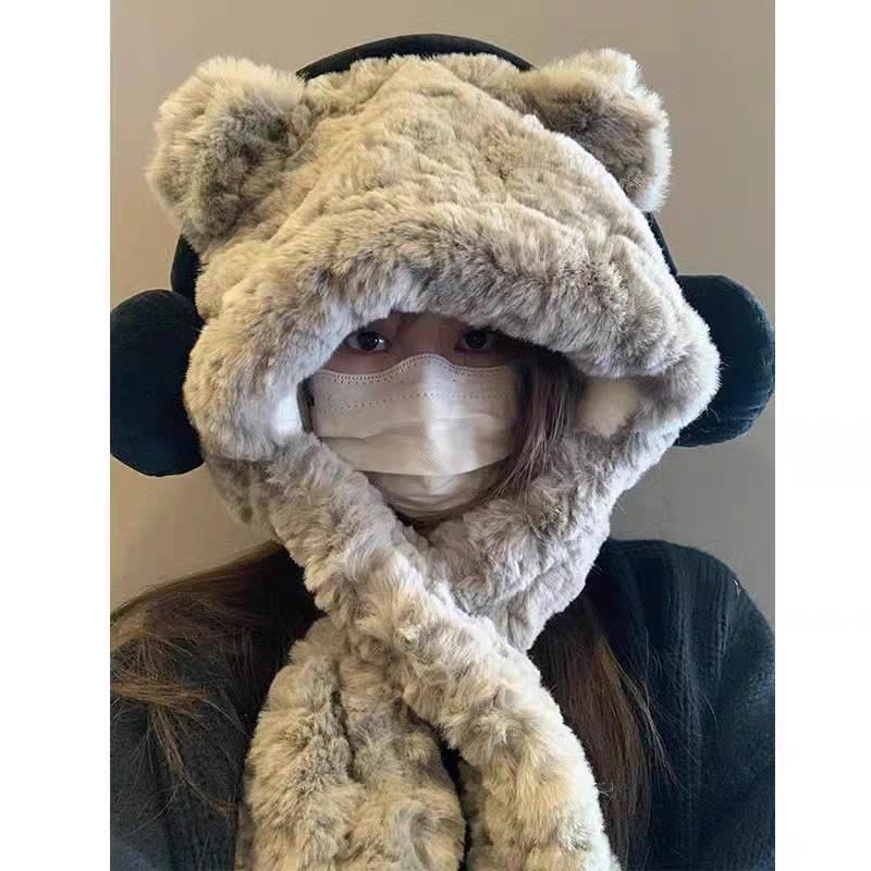 Bear Ribbed / Beanie Ear Fluffy Scarf Hooded