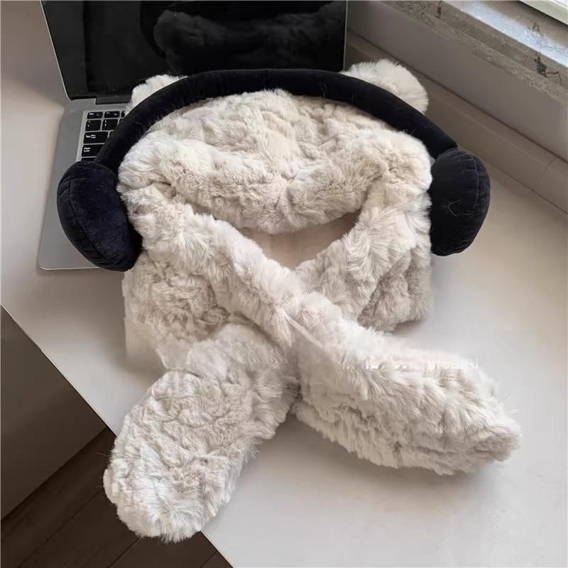 Bear Ribbed / Beanie Ear Fluffy Scarf Hooded