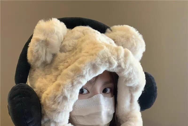Bear Ribbed / Beanie Ear Fluffy Scarf Hooded