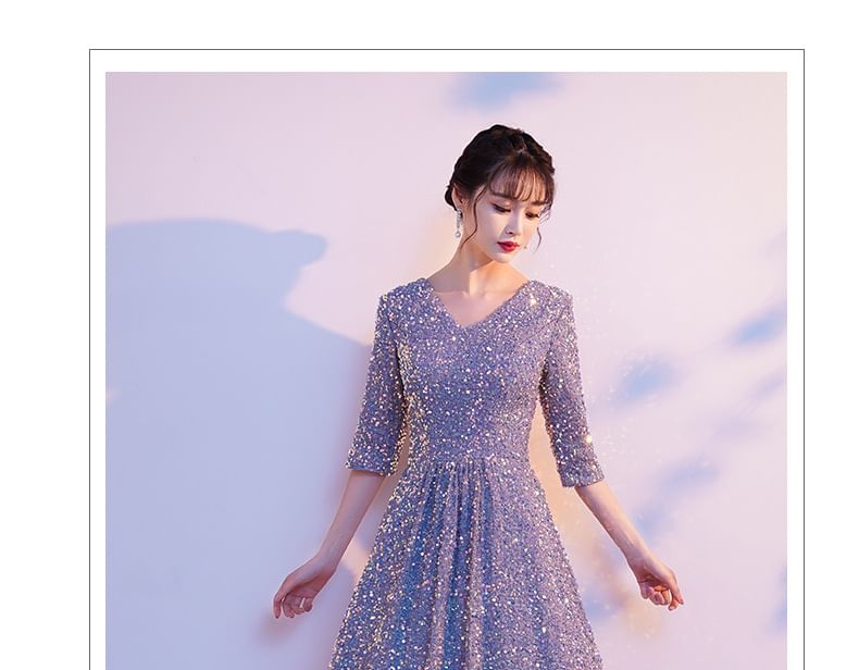 Elbow-Sleeve Sequin Evening Gown V-Neck A-Line