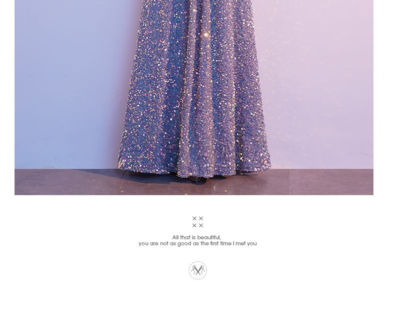 Elbow-Sleeve Sequin Evening Gown V-Neck A-Line