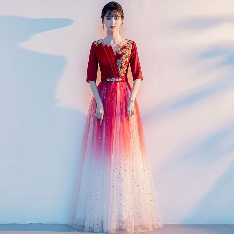 Flower Sequin Elbow-Sleeve A-Line Embroidered Gradient Gown Evening