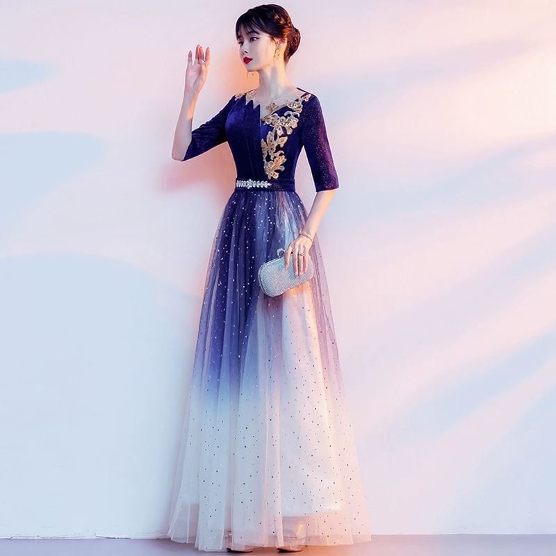 Flower Sequin Elbow-Sleeve A-Line Embroidered Gradient Gown Evening