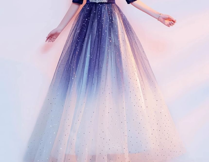 Flower Sequin Elbow-Sleeve A-Line Embroidered Gradient Gown Evening