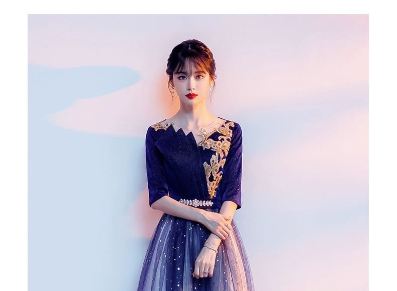Flower Sequin Elbow-Sleeve A-Line Embroidered Gradient Gown Evening