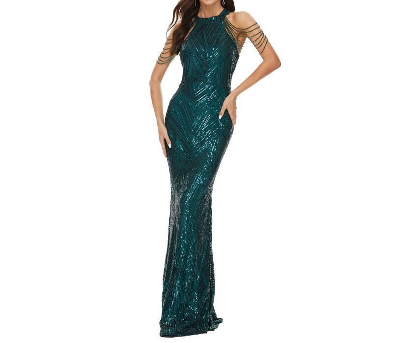 Beaded Gown Sequin Mermaid Evening Strappy Halter