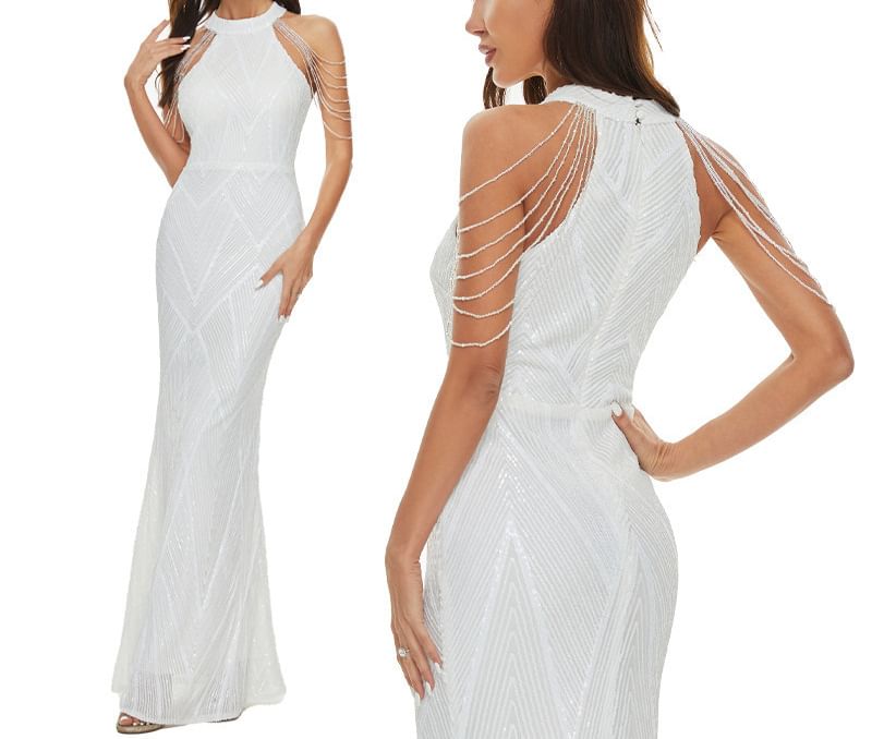 Beaded Gown Sequin Mermaid Evening Strappy Halter