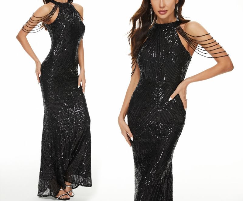Beaded Gown Sequin Mermaid Evening Strappy Halter