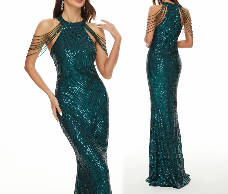 Beaded Gown Sequin Mermaid Evening Strappy Halter