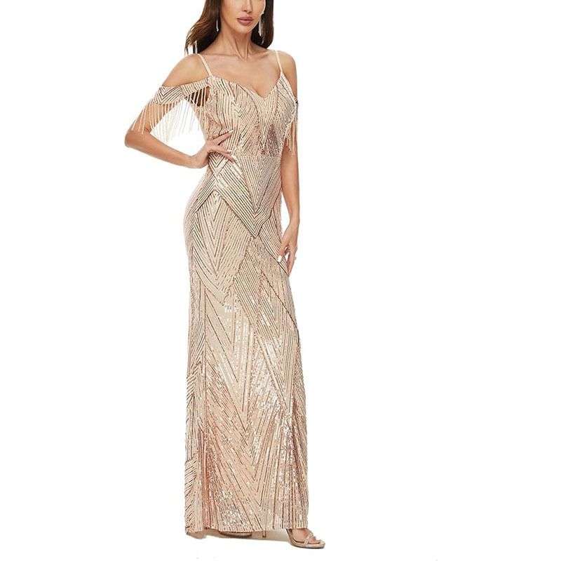 Sequin Trumpet Cold-Shoulder Gown Evening Beaded