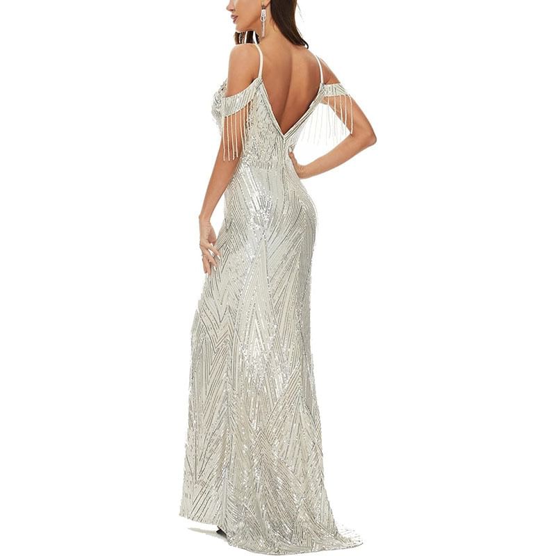 Sequin Trumpet Cold-Shoulder Gown Evening Beaded
