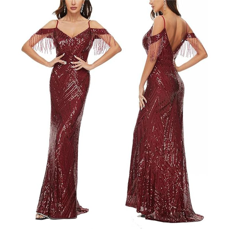 Sequin Trumpet Cold-Shoulder Gown Evening Beaded