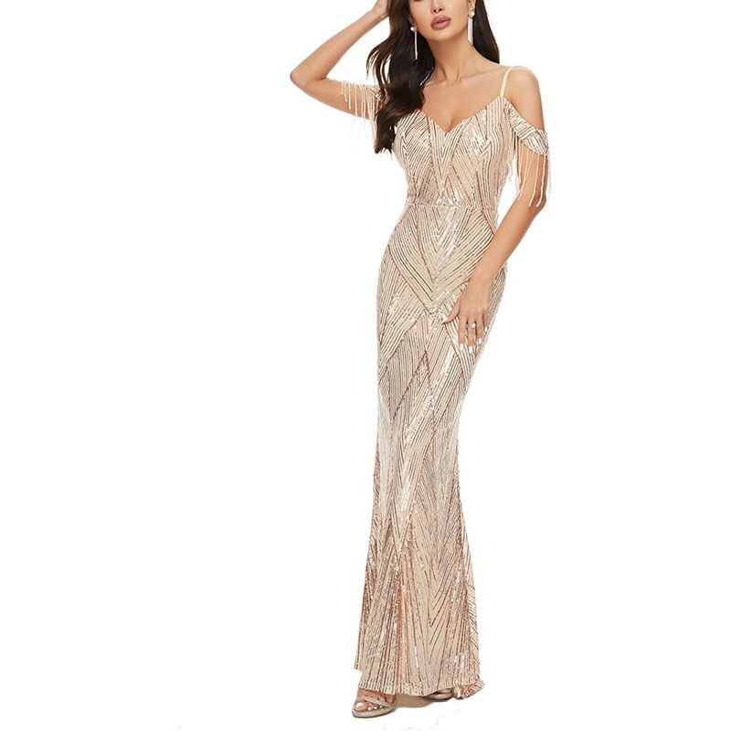 Sequin Trumpet Cold-Shoulder Gown Evening Beaded