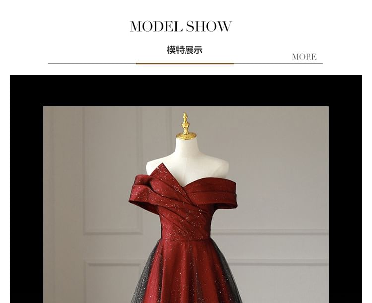 Asymmetrical Evening Gown Off-Shoulder Glitter Mesh A-Line Panel