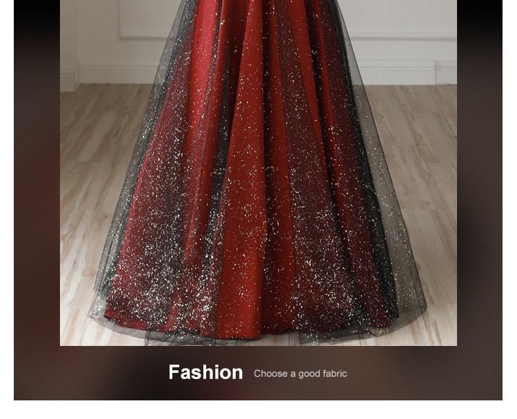 Asymmetrical Evening Gown Off-Shoulder Glitter Mesh A-Line Panel