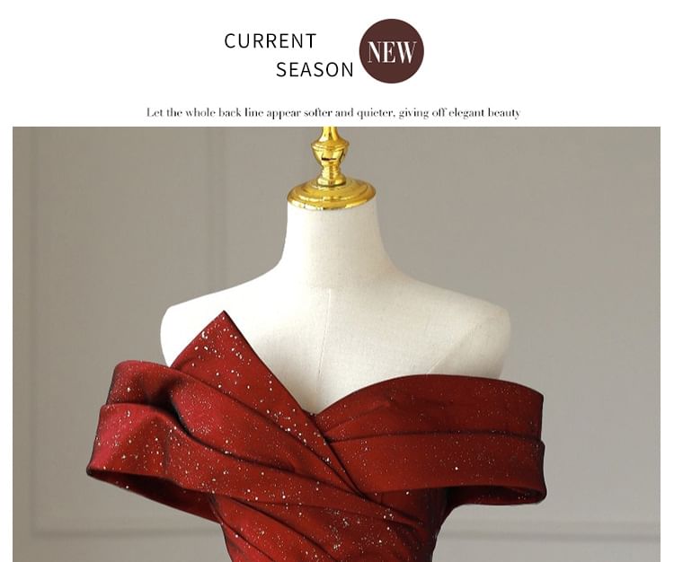 Asymmetrical Evening Gown Off-Shoulder Glitter Mesh A-Line Panel