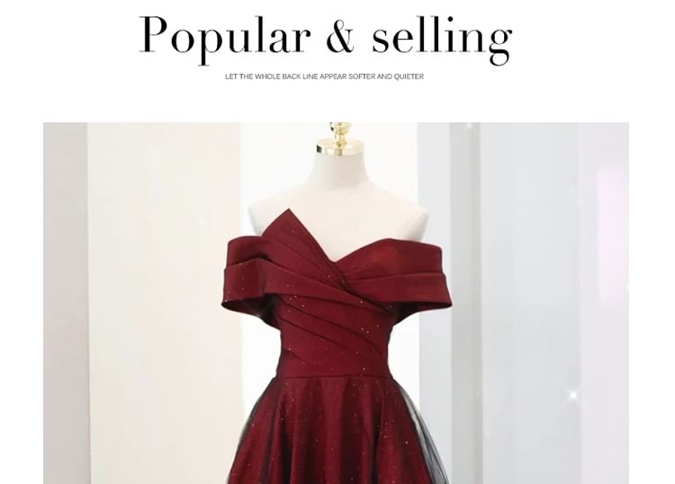 Asymmetrical Evening Gown Off-Shoulder Glitter Mesh A-Line Panel