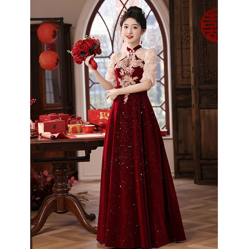 Sequin Flower Evening Gown Embroidered Puff-Sleeve A-Line