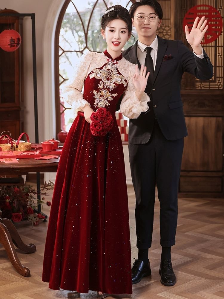 Evening Sequin Embroidered Flower A-Line Puff-Sleeve Gown