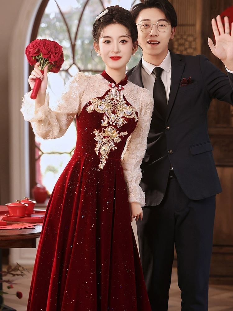 Evening Sequin Embroidered Flower A-Line Puff-Sleeve Gown