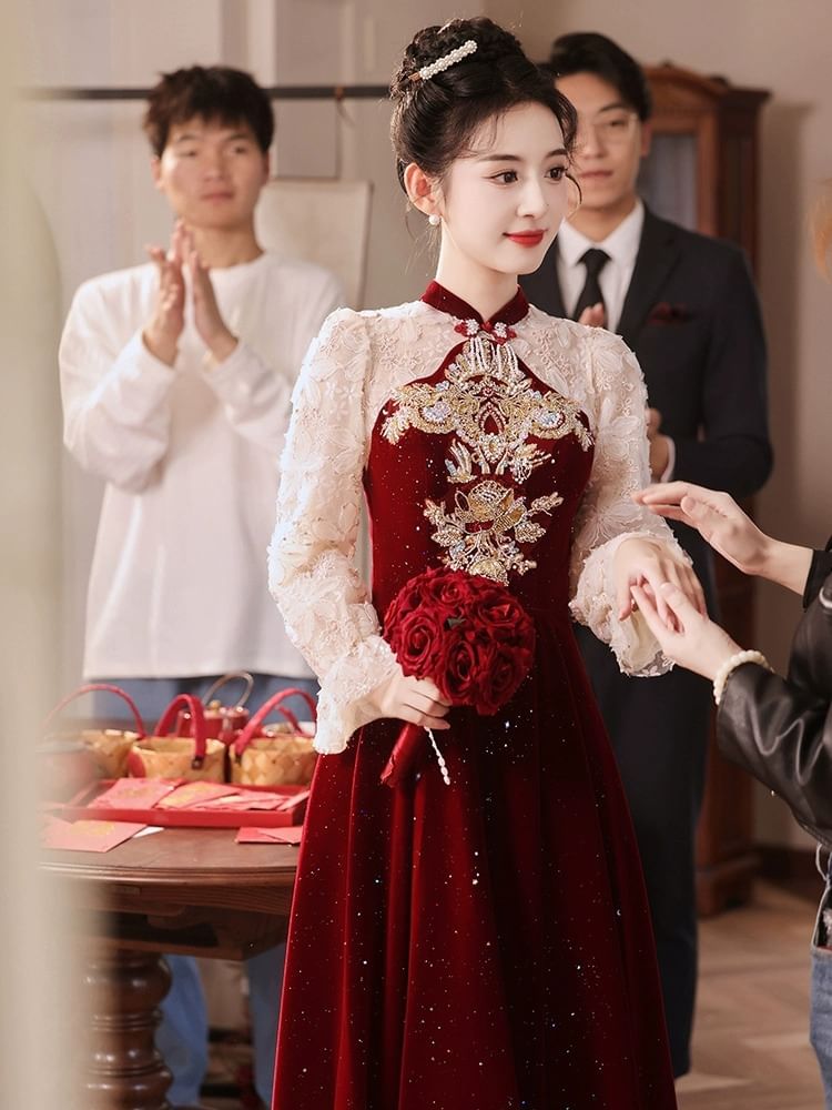 Sequin Flower Evening Gown Embroidered Puff-Sleeve A-Line