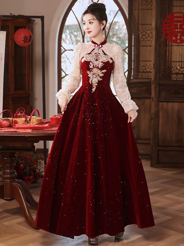 Evening Sequin Embroidered Flower A-Line Puff-Sleeve Gown