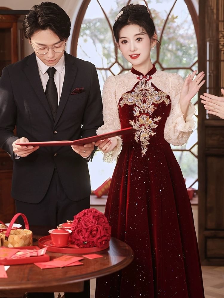 Evening Sequin Embroidered Flower A-Line Puff-Sleeve Gown