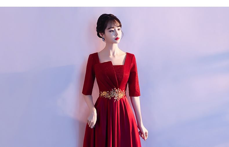 Evening A-Line Square Elbow-Sleeve Embroidered Neck Gown