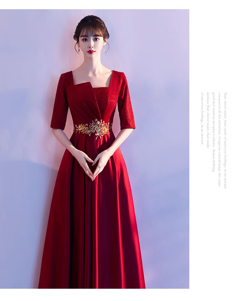 Evening A-Line Square Elbow-Sleeve Embroidered Neck Gown