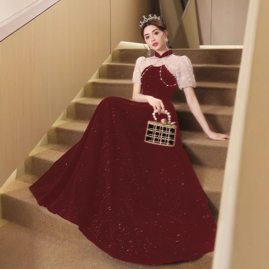 Two Glitter Gown Neck Tone Mock Embroidered Flower Evening Puff-Sleeve A-Line