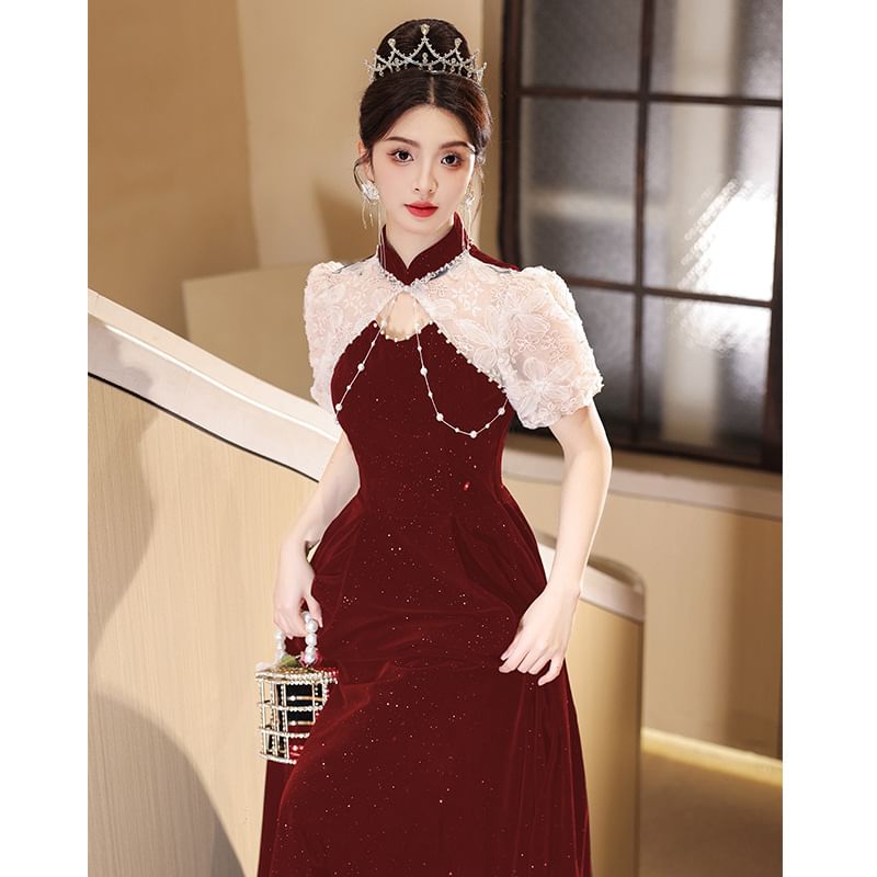 Two Glitter Gown Neck Tone Mock Embroidered Flower Evening Puff-Sleeve A-Line