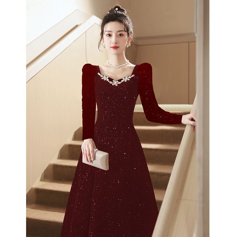 Puff-Sleeve Sequin Evening A-Line Rhinestone Gown