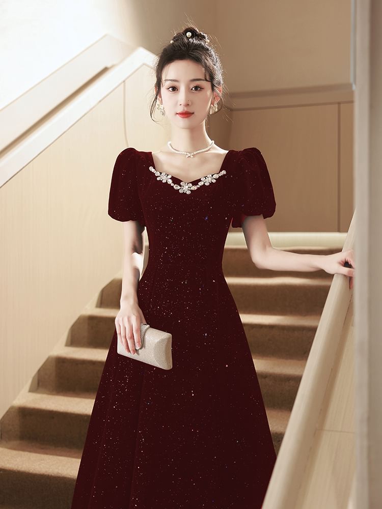 Puff-Sleeve Sequin Evening A-Line Rhinestone Gown